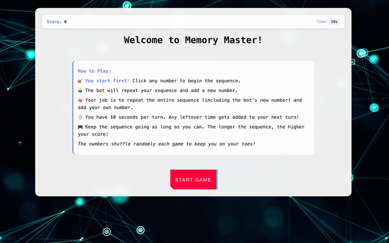 Memory Master welcome screen over a glowing network background